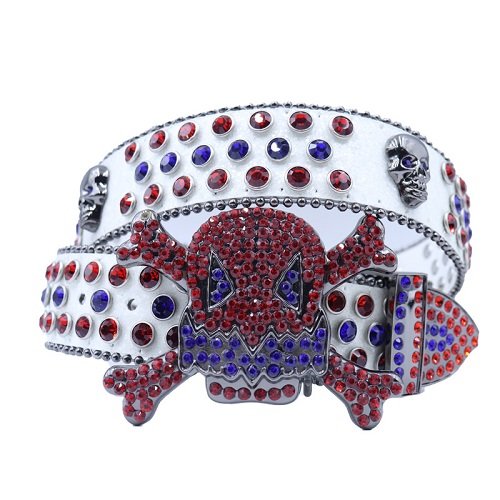 Unisex White Leather Belt with Metal Studded Red And Blue Rhinestones & Classic Gray Skull Buckle Add a touch of luxury and sparkle to your outfit with the Unisex White Leather Belt from Real Rhinestone. Featuring a sleek White leather strap, this stylish belt is adorned with Red and Blue Color diamond rhinestones, creating a bold and glamorous look. The Gray buckle, decorated with red and blue crystal rhinestones, enhances the design with extra shine and sophistication. Designed for versatility and comfort, this belt is perfect for both casual and dressy occasions. Whether you are looking to complete a hip-hop-inspired outfit, make a statement at an event, or simply add some extra bling to your wardrobe, this belt is the perfect accessory. Its adjustable fit ensures all-day comfort, while the high-quality materials guarantee durability and long-lasting wear. Elevate your style effortlessly with the Unisex white Leather Belt. Whether you are hitting the stage, going out with friends, or just upgrading your everyday look, this belt is a must-have. Order now from Real Rhinestone and bring some diamond-studded brilliance to your collection. Material: Premium Leather Rhinestone: Luxury Hand-Set High-Gloss Crystal Diamond Embellishments Buckle Type: Classic Skull Zinc Buckle Set Featuring Engraved Design & Sparkling Rhinestones Width: 4cm (1.5 Inch) Style: Streetwear, Cowboy, Western, Partywear, Festivals & Performances, Fashion, Hip Hop, Bling, Diamond Belt Measurement: Please note that measurements may vary by 1-2 cm. Our belts are measured from the fold where the buckle is attached to the middle hole. For the best fit, we recommend measuring a belt you already own from the fold to the hole you use most frequently. Ideally, the belt should be worn on the third hole for optimal fit and comfort.
