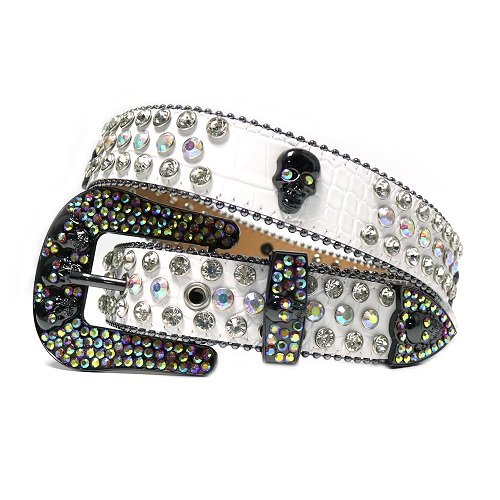Unisex white leather belt, with studded skulls and Iridescent rhinestones decorated in a distinctive pattern. Add a touch of luxury and sparkle to your outfit with the Unisex White Leather Belt from Real Rhinestone. Featuring a white leather strap, this stylish belt is adorned with Iridescent Color diamond rhinestones, creating a bold and glamorous look. The Black buckle, decorated with Iridescent crystal rhinestones, enhances the design with extra shine and sophistication. Designed for versatility and comfort, this belt is perfect for both casual and dressy occasions. Whether you are looking to complete a hip-hop-inspired outfit, make a statement at an event, or simply add some extra bling to your wardrobe, this belt is the perfect accessory. Its adjustable fit ensures all-day comfort, while the high-quality materials guarantee durability and long-lasting wear. Elevate your style effortlessly with the Unisex White Leather Belt. Whether you are hitting the stage, going out with friends, or just upgrading your everyday look, this belt is a must-have. Order now from Real Rhinestone and bring some diamond-studded brilliance to your collection. Material: Premium Leather Rhinestone: Luxury Hand-Set High-Gloss Crystal Diamond Embellishments Buckle Type: Classic horseshoe Zinc Buckle Set Featuring Engraved Design & Sparkling Rhinestones Width: 4cm (1.5 Inch) Style: Streetwear, Cowboy, Western, Partywear, Festivals & Performances, Fashion, Hip Hop, Bling, Diamond Belt Measurement: Please note that measurements may vary by 1-2 cm. Our belts are measured from the fold where the buckle is attached to the middle hole. For the best fit, we recommend measuring a belt you already own from the fold to the hole you use most frequently. Ideally, the belt should be worn on the third hole for optimal fit and comfort.