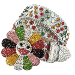 Unisex Silver Blinged-Out Leather Belt with Multicolor Rainbow Rhinestones Add a touch of luxury and sparkle to your outfit with the Unisex Silver Leather Belt from Real Rhinestone. Featuring a black leather strap, this stylish belt is adorned with Multicolor Rainbow Color diamond rhinestones, creating a bold and glamorous look. The silver buckle, decorated with multicolor flower , enhances the design with extra shine and sophistication. Designed for versatility and comfort, this belt is perfect for both casual and dressy occasions. Whether you are looking to complete a hip-hop-inspired outfit, make a statement at an event, or simply add some extra bling to your wardrobe, this belt is the perfect accessory. Its adjustable fit ensures all-day comfort, while the high-quality materials guarantee durability and long-lasting wear. Elevate your style effortlessly with the Unisex Silver Leather Belt. Whether you are hitting the stage, going out with friends, or just upgrading your everyday look, this belt is a must-have. Order now from Real Rhinestone and bring some diamond-studded brilliance to your collection. Material: Premium Leather Rhinestone: Luxury Hand-Set High-Gloss Crystal Diamond Embellishments Buckle Type: Classic flower Zinc Buckle Set Featuring Engraved Design & Sparkling Rhinestones Width: 4cm (1.5 Inch) Style: Streetwear, Cowboy, Western, Partywear, Festivals & Performances, Fashion, Hip Hop, Bling, Diamond Belt Measurement: Please note that measurements may vary by 1-2 cm. Our belts are measured from the fold where the buckle is attached to the middle hole. For the best fit, we recommend measuring a belt you already own from the fold to the hole you use most frequently. Ideally, the belt should be worn on the third hole for optimal fit and comfort.