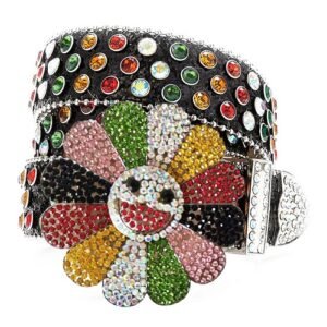 Unisex Black Blinged-Out Leather Belt with Multicolor Rainbow Rhinestones Add a touch of luxury and sparkle to your outfit with the Unisex Black Leather Belt from Real Rhinestone. Featuring a black leather strap, this stylish belt is adorned with Multicolor Rainbow Color diamond rhinestones, creating a bold and glamorous look. The silver buckle, decorated with multicolor flower , enhances the design with extra shine and sophistication. Designed for versatility and comfort, this belt is perfect for both casual and dressy occasions. Whether you are looking to complete a hip-hop-inspired outfit, make a statement at an event, or simply add some extra bling to your wardrobe, this belt is the perfect accessory. Its adjustable fit ensures all-day comfort, while the high-quality materials guarantee durability and long-lasting wear. Elevate your style effortlessly with the Unisex Black Leather Belt. Whether you are hitting the stage, going out with friends, or just upgrading your everyday look, this belt is a must-have. Order now from Real Rhinestone and bring some diamond-studded brilliance to your collection. Material: Premium Leather Rhinestone: Luxury Hand-Set High-Gloss Crystal Diamond Embellishments Buckle Type: Classic flower Zinc Buckle Set Featuring Engraved Design & Sparkling Rhinestones Width: 4cm (1.5 Inch) Style: Streetwear, Cowboy, Western, Partywear, Festivals & Performances, Fashion, Hip Hop, Bling, Diamond Belt Measurement: Please note that measurements may vary by 1-2 cm. Our belts are measured from the fold where the buckle is attached to the middle hole. For the best fit, we recommend measuring a belt you already own from the fold to the hole you use most frequently. Ideally, the belt should be worn on the third hole for optimal fit and comfort.