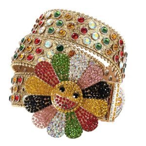 Unisex Gold Blinged-Out Leather Belt with Multicolor Rainbow Rhinestones Add a touch of luxury and sparkle to your outfit with the Unisex Gold Leather Belt from Real Rhinestone. Featuring a gold leather strap, this stylish belt is adorned with Multicolor Rainbow Color diamond rhinestones, creating a bold and glamorous look. The silver buckle, decorated with multicolor flower , enhances the design with extra shine and sophistication. Designed for versatility and comfort, this belt is perfect for both casual and dressy occasions. Whether you are looking to complete a hip-hop-inspired outfit, make a statement at an event, or simply add some extra bling to your wardrobe, this belt is the perfect accessory. Its adjustable fit ensures all-day comfort, while the high-quality materials guarantee durability and long-lasting wear. Elevate your style effortlessly with the Unisex Gold Leather Belt. Whether you are hitting the stage, going out with friends, or just upgrading your everyday look, this belt is a must-have. Order now from Real Rhinestone and bring some diamond-studded brilliance to your collection. Material: Premium Leather Rhinestone: Luxury Hand-Set High-Gloss Crystal Diamond Embellishments Buckle Type: Classic flower Zinc Buckle Set Featuring Engraved Design & Sparkling Rhinestones Width: 4cm (1.5 Inch) Style: Streetwear, Cowboy, Western, Partywear, Festivals & Performances, Fashion, Hip Hop, Bling, Diamond Belt Measurement: Please note that measurements may vary by 1-2 cm. Our belts are measured from the fold where the buckle is attached to the middle hole. For the best fit, we recommend measuring a belt you already own from the fold to the hole you use most frequently. Ideally, the belt should be worn on the third hole for optimal fit and comfort.