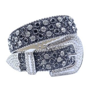 Unisex Black Leather Belt with White and black Real Rhinestones & Classic Silver Buckle Add a touch of luxury and sparkle to your outfit with the Unisex Black Leather Belt from Real Rhinestone. Featuring a sleek Black leather strap, this stylish belt is adorned with white and black rhinestones, creating a bold and glamorous look. The Silver buckle, decorated with White crystal rhinestones, enhances the design with extra shine and sophistication. Designed for versatility and comfort, this belt is perfect for both casual and dressy occasions. Whether you re looking to complete a hip-hop-inspired outfit, make a statement at an event, or simply add some extra bling to your wardrobe, this belt is the perfect accessory. Its adjustable fit ensures all-day comfort, while the high-quality materials guarantee durability and long-lasting wear. Elevate your style effortlessly with the Unisex Black Leather Belt. Whether you re hitting the stage, going out with friends, or just upgrading your everyday look, this belt is a must-have. Order now from Real Rhinestone and bring some diamond-studded brilliance to your collection. Material: Premium Leather Rhinestone: Luxury Hand-Set High-Gloss Crystal Diamond Embellishments Buckle Type: Classic Horseshoe Zinc Buckle Set Featuring Engraved Design & Sparkling Rhinestones Width: 4cm (1.5 Inch) Style: Streetwear, Cowboy, Western, Partywear, Festivals & Performances, Fashion, Hip Hop, Bling, Diamond Belt Measurement: Please note that measurements may vary by 1-2 cm. Our belts are measured from the fold where the buckle is attached to the middle hole. For the best fit, we recommend measuring a belt you already own from the fold to the hole you use most frequently. Ideally, the belt should be worn on the third hole for optimal fit and comfort.