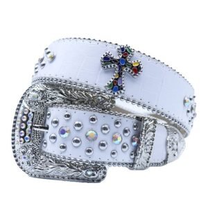 Unisex white croc embossed leather belt, with iridescent rhinestones and multicolor cross decorated in a distinctive pattern. Add a touch of luxury and sparkle to your outfit with the Unisex White Leather Belt from Real Rhinestone. Featuring a white leather strap, this stylish belt is adorned with Iridescent Color diamond rhinestones, creating a bold and glamorous look. The silver buckle, decorated with silver crystal rhinestones, enhances the design with extra shine and sophistication. Designed for versatility and comfort, this belt is perfect for both casual and dressy occasions. Whether you are looking to complete a hip-hop-inspired outfit, make a statement at an event, or simply add some extra bling to your wardrobe, this belt is the perfect accessory. Its adjustable fit ensures all-day comfort, while the high-quality materials guarantee durability and long-lasting wear. Elevate your style effortlessly with the Unisex White Leather Belt. Whether you are hitting the stage, going out with friends, or just upgrading your everyday look, this belt is a must-have. Order now from Real Rhinestone and bring some diamond-studded brilliance to your collection. Material: Premium Leather Rhinestone: Luxury Hand-Set High-Gloss Crystal Diamond Embellishments Buckle Type: Classic horseshoe Zinc Buckle Set Featuring Engraved Design & Sparkling Rhinestones Width: 4cm (1.5 Inch) Style: Streetwear, Cowboy, Western, Partywear, Festivals & Performances, Fashion, Hip Hop, Bling, Diamond Belt Measurement: Please note that measurements may vary by 1-2 cm. Our belts are measured from the fold where the buckle is attached to the middle hole. For the best fit, we recommend measuring a belt you already own from the fold to the hole you use most frequently. Ideally, the belt should be worn on the third hole for optimal fit and comfort.