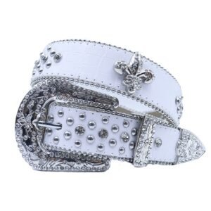 Unisex white Textured embossed leather belt, with silver rhinestones and  Fleur-de-Lis Symbol decorated in a distinctive pattern. Add a touch of luxury and sparkle to your outfit with the Unisex White Leather Belt from Real Rhinestone. Featuring a white leather strap, this stylish belt is adorned with silver Color diamond rhinestones, creating a bold and glamorous look. The silver buckle, decorated with silver crystal rhinestones, enhances the design with extra shine and sophistication. Designed for versatility and comfort, this belt is perfect for both casual and dressy occasions. Whether you are looking to complete a hip-hop-inspired outfit, make a statement at an event, or simply add some extra bling to your wardrobe, this belt is the perfect accessory. Its adjustable fit ensures all-day comfort, while the high-quality materials guarantee durability and long-lasting wear. Elevate your style effortlessly with the Unisex White Leather Belt. Whether you are hitting the stage, going out with friends, or just upgrading your everyday look, this belt is a must-have. Order now from Real Rhinestone and bring some diamond-studded brilliance to your collection. Material: Premium Leather Rhinestone: Luxury Hand-Set High-Gloss Crystal Diamond Embellishments Buckle Type: Classic horseshoe Zinc Buckle Set Featuring Engraved Design & Sparkling Rhinestones Width: 4cm (1.5 Inch) Style: Streetwear, Cowboy, Western, Partywear, Festivals & Performances, Fashion, Hip Hop, Bling, Diamond Belt Measurement: Please note that measurements may vary by 1-2 cm. Our belts are measured from the fold where the buckle is attached to the middle hole. For the best fit, we recommend measuring a belt you already own from the fold to the hole you use most frequently. Ideally, the belt should be worn on the third hole for optimal fit and comfort.