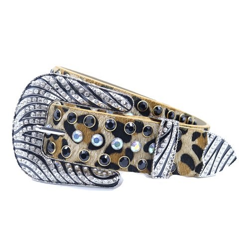 Unisex Leopard Print Belt Accented with Silver And Black Rhinestones Add a touch of luxury and sparkle to your outfit with the Unisex Leopard Print Leather Belt from Real Rhinestone. Featuring a sleek gold and black leather strap, this stylish belt is adorned with silver and black Color diamond rhinestones, creating a bold and glamorous look. The polished buckle, decorated with rhinestones, enhances the design with extra shine and sophistication. Designed for versatility and comfort, this belt is perfect for both casual and dressy occasions. Whether you are looking to complete a hip-hop-inspired outfit, make a statement at an event, or simply add some extra bling to your wardrobe, this belt is the perfect accessory. Its adjustable fit ensures all-day comfort, while the high-quality materials guarantee durability and long-lasting wear. Elevate your style effortlessly with the Unisex Leopard Print Leather Belt. Whether you are hitting the stage, going out with friends, or just upgrading your everyday look, this belt is a must-have. Order now from Real Rhinestone and bring some diamond-studded brilliance to your collection. Material: Premium Leather Rhinestone: Luxury Hand-Set High-Gloss Crystal Diamond Embellishments Buckle Type: Classic horseshoe Zinc Buckle Set Featuring Engraved Design & Sparkling Rhinestones Width: 4cm (1.5 Inch) Style: Streetwear, Cowboy, Western, Partywear, Festivals & Performances, Fashion, Hip Hop, Bling, Diamond Belt Measurement: Please note that measurements may vary by 1-2 cm. Our belts are measured from the fold where the buckle is attached to the middle hole. For the best fit, we recommend measuring a belt you already own from the fold to the hole you use most frequently. Ideally, the belt should be worn on the third hole for optimal fit and comfort.