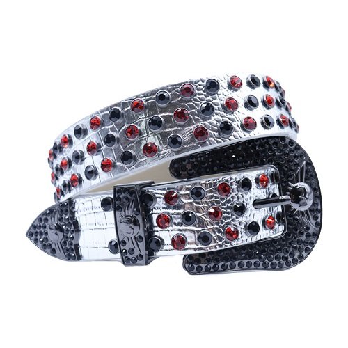 Unisex Silver Embossed Leather Belt Accented With Glossy Black and red Rhinestones And Polished Silver Horseshoe Buckle Add a touch of luxury and sparkle to your outfit with the Unisex Black Leather Belt from Real Rhinestone. Featuring a sleek black leather strap, this stylish belt is adorned with black Color diamond rhinestones, creating a bold and glamorous look. The gray buckle, decorated with rhinestones, enhances the design with extra shine and sophistication. Designed for versatility and comfort, this belt is perfect for both casual and dressy occasions. Whether you are looking to complete a hip-hop-inspired outfit, make a statement at an event, or simply add some extra bling to your wardrobe, this belt is the perfect accessory. Its adjustable fit ensures all-day comfort, while the high-quality materials guarantee durability and long-lasting wear. Elevate your style effortlessly with the Unisex Silver Leather Belt. Whether you are hitting the stage, going out with friends, or just upgrading your everyday look, this belt is a must-have. Order now from Real Rhinestone and bring some diamond-studded brilliance to your collection. Material: Premium Leather Rhinestone: Luxury Hand-Set High-Gloss Crystal Diamond Embellishments Buckle Type: Classic horseshoe Zinc Buckle Set Featuring Engraved Design & Sparkling Rhinestones Width: 4cm (1.5 Inch) Style: Streetwear, Cowboy, Western, Partywear, Festivals & Performances, Fashion, Hip Hop, Bling, Diamond Belt Measurement: Please note that measurements may vary by 1-2 cm. Our belts are measured from the fold where the buckle is attached to the middle hole. For the best fit, we recommend measuring a belt you already own from the fold to the hole you use most frequently. Ideally, the belt should be worn on the third hole for optimal fit and comfort.