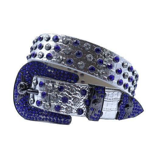Unisex Silver Embossed Leather Belt Adorned With Glossy Blue And Silver Rhinestones And Polished Gray Horseshoe Buckle Add a touch of luxury and sparkle to your outfit with the Unisex Silver Leather Belt from Real Rhinestone. Featuring a sleek Silver leather strap, this stylish belt is adorned with Blue And Silver Color diamond rhinestones, creating a bold and glamorous look. The gray buckle, decorated with rhinestones, enhances the design with extra shine and sophistication. Designed for versatility and comfort, this belt is perfect for both casual and dressy occasions. Whether you are looking to complete a hip-hop-inspired outfit, make a statement at an event, or simply add some extra bling to your wardrobe, this belt is the perfect accessory. Its adjustable fit ensures all-day comfort, while the high-quality materials guarantee durability and long-lasting wear. Elevate your style effortlessly with the Unisex Silver Leather Belt. Whether you are hitting the stage, going out with friends, or just upgrading your everyday look, this belt is a must-have. Order now from Real Rhinestone and bring some diamond-studded brilliance to your collection. Material: Premium Leather Rhinestone: Luxury Hand-Set High-Gloss Crystal Diamond Embellishments Buckle Type: Classic horseshoe Zinc Buckle Set Featuring Engraved Design & Sparkling Rhinestones Width: 4cm (1.5 Inch) Style: Streetwear, Cowboy, Western, Partywear, Festivals & Performances, Fashion, Hip Hop, Bling, Diamond Belt Measurement: Please note that measurements may vary by 1-2 cm. Our belts are measured from the fold where the buckle is attached to the middle hole. For the best fit, we recommend measuring a belt you already own from the fold to the hole you use most frequently. Ideally, the belt should be worn on the third hole for optimal fit and comfort.