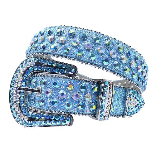 Unisex eye-catching belt crafted from bold blue shimmer leather belt, adorned with iridescent crystal rhinestones, and finished with a sparkling buckle for standout, stylish statements. Add a touch of luxury and sparkle to your outfit with the Unisex Blue Leather Belt from Real Rhinestone. Featuring a sleek blue leather strap, this stylish belt is adorned with  iridescent Color diamond rhinestones, creating a bold and glamorous look. The Silver buckle, decorated with Blue and Silver crystal rhinestones, enhances the design with extra shine and sophistication. Designed for versatility and comfort, this belt is perfect for both casual and dressy occasions. Whether you are looking to complete a hip-hop-inspired outfit, make a statement at an event, or simply add some extra bling to your wardrobe, this belt is the perfect accessory. Its adjustable fit ensures all-day comfort, while the high-quality materials guarantee durability and long-lasting wear. Elevate your style effortlessly with the Unisex Blue Leather Belt. Whether you are hitting the stage, going out with friends, or just upgrading your everyday look, this belt is a must-have. Order now from Real Rhinestone and bring some diamond-studded brilliance to your collection. Material: Premium Leather Rhinestone: Luxury Hand-Set High-Gloss Crystal Diamond Embellishments Buckle Type: Classic horseshoe Zinc Buckle Set Featuring Engraved Design & Sparkling Rhinestones Width: 4cm (1.5 Inch) Style: Streetwear, Cowboy, Western, Partywear, Festivals & Performances, Fashion, Hip Hop, Bling, Diamond Belt Measurement: Please note that measurements may vary by 1-2 cm. Our belts are measured from the fold where the buckle is attached to the middle hole. For the best fit, we recommend measuring a belt you already own from the fold to the hole you use most frequently. Ideally, the belt should be worn on the third hole for optimal fit and comfort.