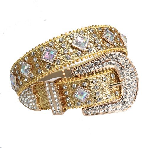 Unisex Gold Leather Belt with Big Silver And Iridescent Real Rhinestones & Classic Silver Buckle Add a touch of luxury and sparkle to your outfit with the Unisex Gold Leather Belt from Real Rhinestone. Featuring a sleek gold leather strap, this stylish belt is adorned with big Silver And Iridescent rhinestones, creating a bold and glamorous look. The Silver buckle, decorated with White crystal rhinestones, enhances the design with extra shine and sophistication. Designed for versatility and comfort, this belt is perfect for both casual and dressy occasions. Whether you are looking to complete a hip-hop-inspired outfit, make a statement at an event, or simply add some extra bling to your wardrobe, this belt is the perfect accessory. Its adjustable fit ensures all-day comfort, while the high-quality materials guarantee durability and long-lasting wear. Elevate your style effortlessly with the Unisex Gold Leather Belt. Whether you are hitting the stage, going out with friends, or just upgrading your everyday look, this belt is a must-have. Order now from Real Rhinestone and bring some diamond-studded brilliance to your collection. Material: Premium Leather Rhinestone: Luxury Hand-Set High-Gloss Crystal Diamond Embellishments Buckle Type: Classic Horseshoe Zinc Buckle Set Featuring Engraved Design & Sparkling Rhinestones Width: 4cm (1.5 Inch) Style: Streetwear, Cowboy, Western, Partywear, Festivals & Performances, Fashion, Hip Hop, Bling, Diamond Belt Measurement: Please note that measurements may vary by 1-2 cm. Our belts are measured from the fold where the buckle is attached to the middle hole. For the best fit, we recommend measuring a belt you already own from the fold to the hole you use most frequently. Ideally, the belt should be worn on the third hole for optimal fit and comfort.