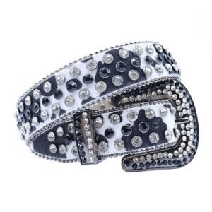 Unisex Cow Print Belt Accented with Black And Silver Rhinestones Add a touch of luxury and sparkle to your outfit with the Unisex Cow Print Leather Belt from Real Rhinestone. Featuring a sleek white and black leather strap, this stylish belt is adorned with Black And Silver Color diamond rhinestones, creating a bold and glamorous look. The polished buckle, decorated with rhinestones, enhances the design with extra shine and sophistication. Designed for versatility and comfort, this belt is perfect for both casual and dressy occasions. Whether you are looking to complete a hip-hop-inspired outfit, make a statement at an event, or simply add some extra bling to your wardrobe, this belt is the perfect accessory. Its adjustable fit ensures all-day comfort, while the high-quality materials guarantee durability and long-lasting wear. Elevate your style effortlessly with the Unisex Cow Print Leather Belt. Whether you are hitting the stage, going out with friends, or just upgrading your everyday look, this belt is a must-have. Order now from Real Rhinestone and bring some diamond-studded brilliance to your collection. Material: Premium Leather Rhinestone: Luxury Hand-Set High-Gloss Crystal Diamond Embellishments Buckle Type: Classic horseshoe Zinc Buckle Set Featuring Engraved Design & Sparkling Rhinestones Width: 4cm (1.5 Inch) Style: Streetwear, Cowboy, Western, Partywear, Festivals & Performances, Fashion, Hip Hop, Bling, Diamond Belt Measurement: Please note that measurements may vary by 1-2 cm. Our belts are measured from the fold where the buckle is attached to the middle hole. For the best fit, we recommend measuring a belt you already own from the fold to the hole you use most frequently. Ideally, the belt should be worn on the third hole for optimal fit and comfort.