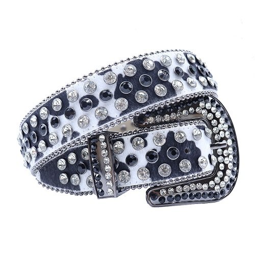 Unisex Cow Print Belt Accented with Black And Silver Rhinestones Add a touch of luxury and sparkle to your outfit with the Unisex Cow Print Leather Belt from Real Rhinestone. Featuring a sleek white and black leather strap, this stylish belt is adorned with Black And Silver Color diamond rhinestones, creating a bold and glamorous look. The polished buckle, decorated with rhinestones, enhances the design with extra shine and sophistication. Designed for versatility and comfort, this belt is perfect for both casual and dressy occasions. Whether you are looking to complete a hip-hop-inspired outfit, make a statement at an event, or simply add some extra bling to your wardrobe, this belt is the perfect accessory. Its adjustable fit ensures all-day comfort, while the high-quality materials guarantee durability and long-lasting wear. Elevate your style effortlessly with the Unisex Cow Print Leather Belt. Whether you are hitting the stage, going out with friends, or just upgrading your everyday look, this belt is a must-have. Order now from Real Rhinestone and bring some diamond-studded brilliance to your collection. Material: Premium Leather Rhinestone: Luxury Hand-Set High-Gloss Crystal Diamond Embellishments Buckle Type: Classic horseshoe Zinc Buckle Set Featuring Engraved Design & Sparkling Rhinestones Width: 4cm (1.5 Inch) Style: Streetwear, Cowboy, Western, Partywear, Festivals & Performances, Fashion, Hip Hop, Bling, Diamond Belt Measurement: Please note that measurements may vary by 1-2 cm. Our belts are measured from the fold where the buckle is attached to the middle hole. For the best fit, we recommend measuring a belt you already own from the fold to the hole you use most frequently. Ideally, the belt should be worn on the third hole for optimal fit and comfort.