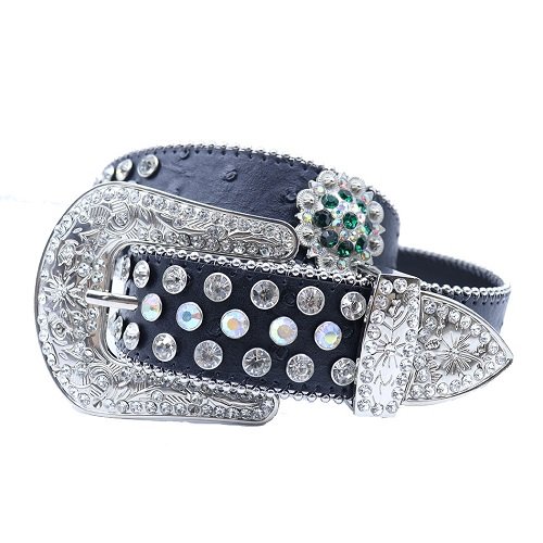 Unisex black leather belt, with Silver rhinestones decorated with floral concho Add a touch of luxury and sparkle to your outfit with the Unisex Black Leather Belt from Real Rhinestone. Featuring a black leather strap, this stylish belt is adorned with silver Color diamond rhinestones, creating a bold and glamorous look. The silver buckle, decorated with floral design, enhances the design with extra shine and sophistication. Designed for versatility and comfort, this belt is perfect for both casual and dressy occasions. Whether you are looking to complete a hip-hop-inspired outfit, make a statement at an event, or simply add some extra bling to your wardrobe, this belt is the perfect accessory. Its adjustable fit ensures all-day comfort, while the high-quality materials guarantee durability and long-lasting wear. Elevate your style effortlessly with the Unisex Black Leather Belt. Whether you are hitting the stage, going out with friends, or just upgrading your everyday look, this belt is a must-have. Order now from Real Rhinestone and bring some diamond-studded brilliance to your collection. Material: Premium Leather Rhinestone: Luxury Hand-Set High-Gloss Crystal Diamond Embellishments Buckle Type: Classic horseshoe Zinc Buckle Set Featuring Engraved Design & Sparkling Rhinestones Width: 4cm (1.5 Inch) Style: Streetwear, Cowboy, Western, Partywear, Festivals & Performances, Fashion, Hip Hop, Bling, Diamond Belt Measurement: Please note that measurements may vary by 1-2 cm. Our belts are measured from the fold where the buckle is attached to the middle hole. For the best fit, we recommend measuring a belt you already own from the fold to the hole you use most frequently. Ideally, the belt should be worn on the third hole for optimal fit and comfort.