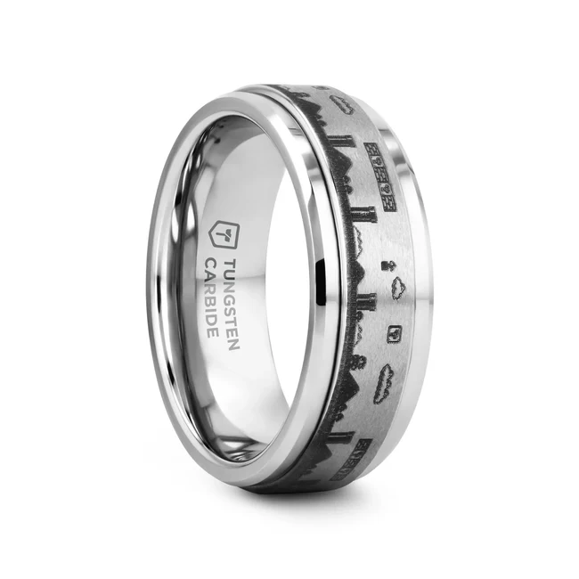 Spinning Engraved Super Mario Bros Pixel Level Game Tungsten Carbide Spinner Wedding Band - 8mm Skillfully inlaid in the center of this Tungsten Carbide ring by Thorsten is a beautiful, intricate engraving design. Perfect for enthusiasts and special occasions alike! Engraving available! See Pictures for Details. Does Not Delay Order Includes Thorsten Lifetime and Lifetime Sizing Warranty (excluding re-engraving). Tungsten Carbide—the newest and strongest metal for jewelry that does not scratch easily. Comfort Fit – domed interior band slides over the knuckle easier with less friction Brand: Thorsten Metal Type: Tungsten Carbide Color: Black Finish: Brushed Style: Engraved|Flat|Raised Center Stones: None SKU: F1445-TCSR