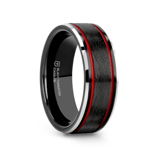 OLIS Wire Finish Centered Black Tungsten Men's Wedding Band With Double Red Stripe Polished Beveled Edges - 8mm Subtle, classy, and refined. The OLIS Tungsten Carbide band has a wire finish that wraps around the black center. Etched on each side is a double red stripe adding just the right pop of color. The soft, polished, and beveled edges blend nicely with the finger. It comes in an 8mm width and several sizes. This ring can be custom engraved! Adding a flair will not delay orders. You don’t ever have to worry again with Thorsten’s Standard Lifetime and Lifetime Sizing warranties (excludes re-engraving). Available in 8mm width. A dark Tungsten band with a double red stripe, wire finish, and polished beveled edges. Made of 85% Tungsten and 15% nickel, the metal alloy is hypoallergenic. Tungsten is easy to clean with some soap and warm water! After, polish it with a soft cloth. Brand: Thorsten Metal Type: Black Tungsten Color: Black|Red Finish: Brushed Style: Beveled|Grooved Stones: None SKU: TBWI-0004