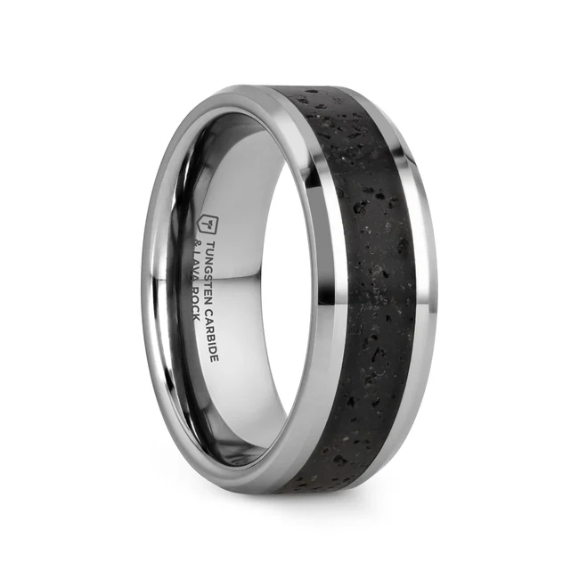 KILAUEA Men’s Polished Tungsten Wedding Band with Black and Gray Genuine Lava Rock Stone Inlay and Polished Beveled Edges - 8mm A volcano that now sits dormant on your finger. This stylish and handsome Tungsten wedding band has glossy, polished edges with bevels. It’s the inlay that takes center stage, however, with a mashup of black and gray Genuine Lava rock. It looks as if a channel of Genuine Lava once flowed through the band, only to harden, leaving it in its current state. The ring is available in 8mm width and several sizes. Custom engraving is available, so be sure to check out the pictures. It will not delay orders. Never worry again. This ring comes with Thorsten’s Standard Lifetime and Lifetime Sizing warranties (excludes re-engraving). Available in 8mm width. Polished beveled edges encase a stunning gray and black Genuine Lava rock inlay. Tungsten has much higher durability than gold, platinum, and steel. Brand: Thorsten Metal Type: Tungsten Carbide Color: Black|Gray|Silver Finish: Polished Style: Beveled|Flat Stones: None SKU: W1491-TCLI