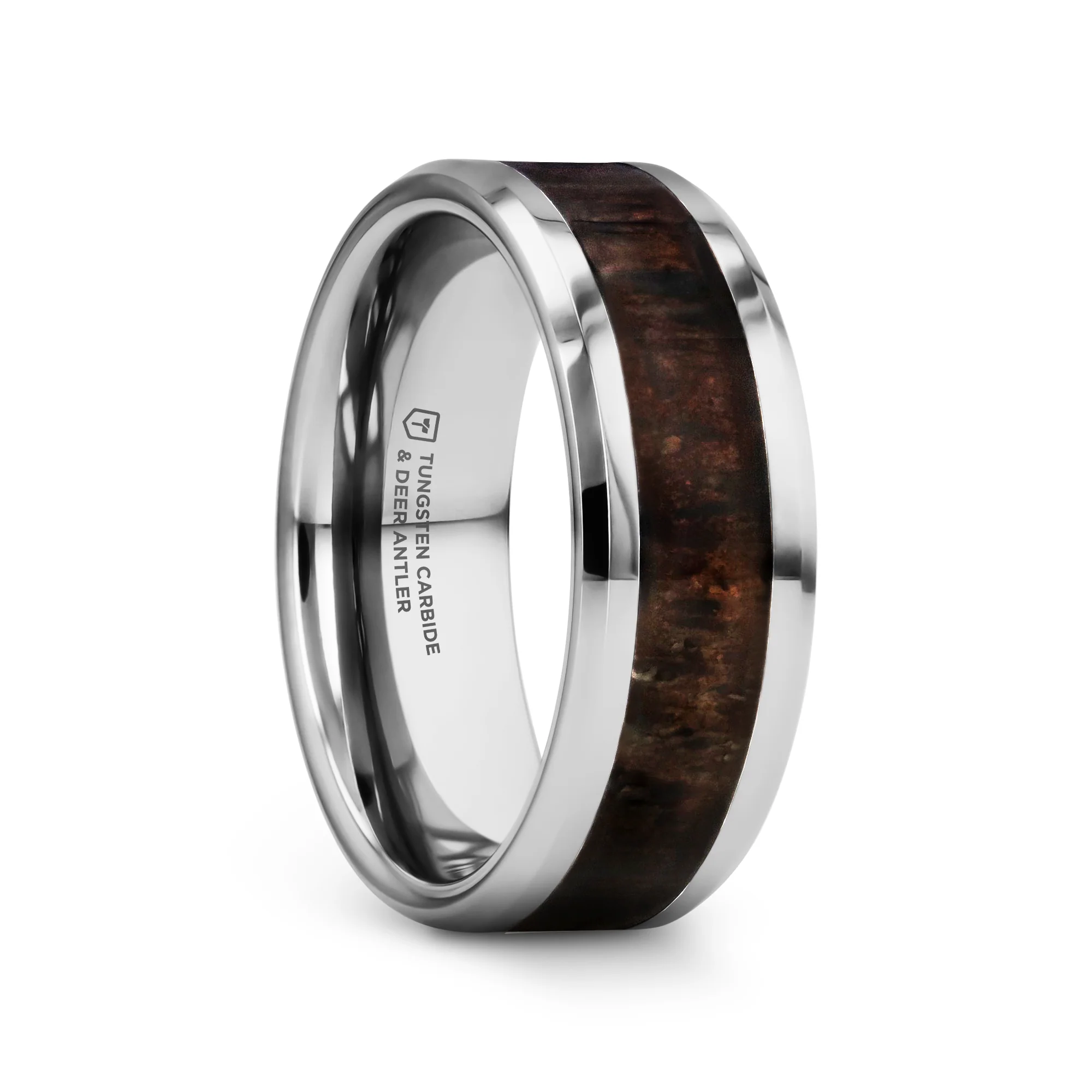 FAWN Beveled Tungsten Carbide Polished Men's Wedding Band with Dark Antler Inlay - 8mm Skillfully inlaid in the center of this Tungsten Carbide ring by Thorsten is a graceful polished piece of dark brown deer antler with highlighted rich tones of maroon, black, and grey. Perfect for outdoors enthusiasts and hunters alike! Engraving available! See Pictures for Details. Does Not Delay Order Includes Thorsten Lifetime and Lifetime Sizing Warranty (excluding re-engraving). Other widths available upon request as a custom order. -Each ring color is unique and will differ in each ring. Tungsten Carbide—the newest and strongest metal for jewelry that does not scratch easily. Comfort Fit – domed interior band slides over the knuckle easier with less friction Brand: Thorsten Metal Type: Tungsten Carbide Color: Brown|SilverFinish: Polished Style: Beveled Stones: None SKU: W1535-TCBD