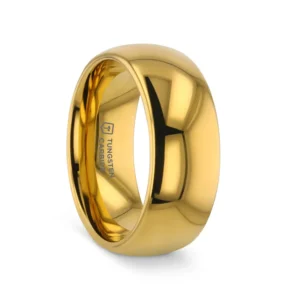 The classic domed style Tungsten Carbide wedding band by Thorsten is finally available as a gold tungsten wedding band. This ring has a rich gold-plated finish to give it a brilliant gold-yellow hue. Engraving available! See Pictures for Details. Does Not Delay Order. Includes Thorsten Lifetime and Lifetime Sizing Warranty (excluding re-engraving). Available in 4mm, 6mm, 8mm and 10mm widths for couples who want a matching set. Tungsten Carbide is the newest and strongest metal for jewelry that does not scratch easily. Gold Tungsten Carbide rings are much more durable than 14k gold rings but can be scratched. Comfort Fit – domed interior band slides over the knuckle easier with less friction. Brand: Thorsten Metal Type: Tungsten Carbide Color: Gold Finish: Polished Style: Domed Stones: None SKU: W1967-DPGT