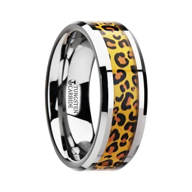 SAVANNAH Tungsten Wedding Ring with Cheetah Print Animal Design Inlay - 6mm and 8mm Take a trip on the wild side with the Cheetah camo pattern that been beautifully inlaid in a polished chrome tungsten base. Engraving available! See Pictures for Details. Does Not Delay Order Includes Thorsten Lifetime and Lifetime Sizing Warranty (excluding re-engraving) Comfort Fit – domed interior band slides over the knuckle easier with less friction While supplies last. Brand: Thorsten Metal Type: Tungsten Carbide Color: Multi-Colored|Silver Finish: Polished Style: Beveled|Nature Inspired Stones: None SKU: W2940-TCCP