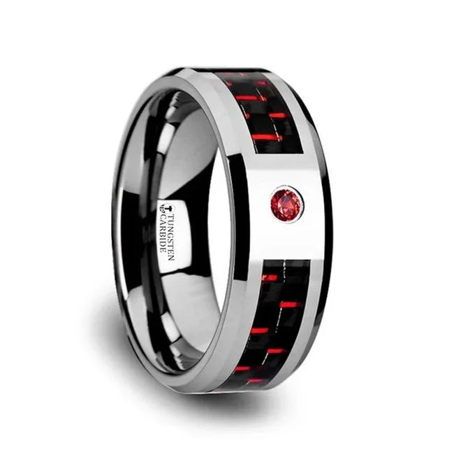 ADRIAN Tungsten Carbide Ring with Black and Red Carbon Fiber and Red Ruby Setting with Bevels - 8mm This awesome crimson red themed style from our tungsten wedding bands line incorporates the use of a red diamond setting. This comfort fit wedding band has a flat style design with polished beveled edges. The ring is made from one piece of tungsten by cutting a channel almost all the way around the ring, leaving only the part with the 2.5 mm wide round cut lab created red ruby setting. Red and black carbon fiber is inlaid into the channel to match the red ruby. Thorsten is proud to present our designer Tungsten Carbide Ring line. Tungsten Carbide is extremely scratch resistant and are a great choice for those who want jewelry to be both maintenance free and worry free. Re-sizing and Warranty on all Thorsten alternative metal rings, limited exchange|sizing fees compared to other retailers. Metal Type: Tungsten Carbide Color: Black|Red|Silver Finish: Polished Style: Beveled|Carbon Fiber Inlay|Flat|Gemstones Stones: Ruby SKU: W2959-TCRD