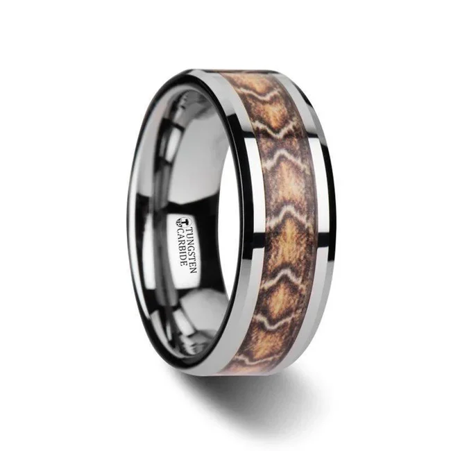  brand new animal inspired wedding band, this exotic and unique tungsten carbide ring consists of a beautiful boa snake pattern inlay with polished beveled edges. This exquisite tungsten ring is made of extremely durable tungsten carbide and the center boa snake inlay is protected by a durable resin. This comfort-fit band comes in an 8mm width. Note, inlay is protected by a resin that can be scratched. Re-sizing and Warranty on all Thorsten alternative metal rings, limited exchange|sizing fees compared to our competitors. Brand: Thorsten Metal Type: Tungsten Carbide Color: Brown|Silver Finish: Polished Style: Beveled|Flat Stones: None SKU: W3078-TCSI