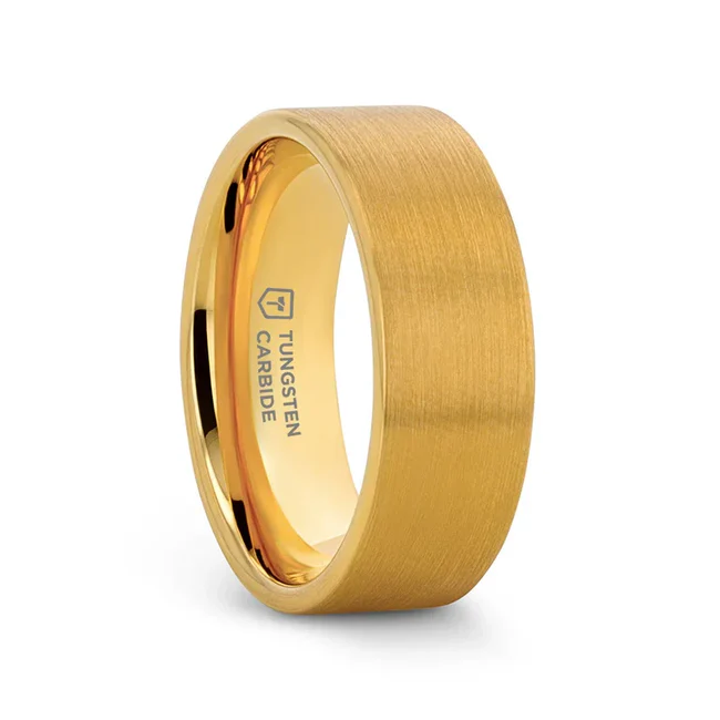 Elevate your wedding band game with the AUDEN Gold Plated Flat Brushed Finished Tungsten Wedding Ring. Available in both 6mm and 8mm, this ring features a sleek flat brushed finish and durable tungsten construction. Includes Thorsten Lifetime and Lifetime Sizing Warranty (excluding re-engraving). Available in 6mm & 8mm widths. Tungsten Carbide, the newest and strongest metal for jewelry that does not scratch easily. Comfort Fit domed interior band slides over the knuckle easier with less friction. Brand: Thorsten Metal Type: Tungsten Carbide Color: Gold Finish: Brushed Style: Flat Stones: None SKU: W342-FBYG