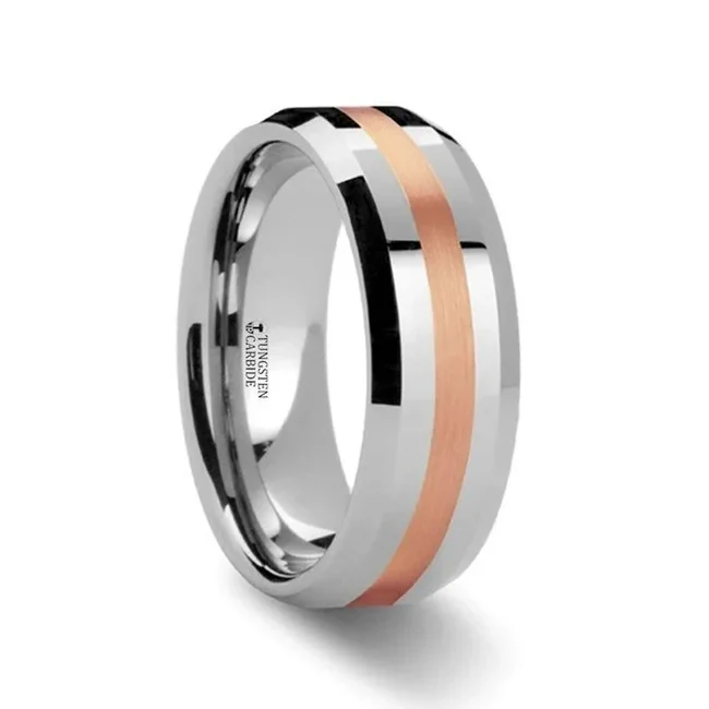 CHIRON Rose Gold Inlaid Beveled Tungsten Ring - 6mm or 8mm This striking ring design by Thorsten combines the beautiful gray color of Tungsten Carbide with a 2mm wide inlaid band of warm 14k Rose Gold at its center. Engraving available! See Pictures for Details. Does Not Delay Order. Includes Thorsten Lifetime and Lifetime Sizing Warranty (excluding re-engraving). Available in 6mm and 8mm widths for couples who want a matching set. Tungsten Carbide—the newest and strongest metal for jewelry that does not scratch easily. Note that the inlay can be scratched. Comfort Fit – domed interior band slides over the knuckle easier with less friction. Brand: Thorsten Metal Type: Tungsten Carbide Color: Rose Gold|Silver Finish: Polished Style: Beveled|Flat Stones: None SKU: W433-BRGH