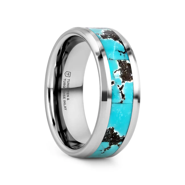 TURKIS Natural Turquoise Spider Web Inlay Tungsten Carbide ring with Beveled Polished Edges - 8mm Turkis men’s tungsten wedding band by Thorsten Rings is the perfect choice for those looking for a unique and stylish ring. This durable tungsten wedding band includes a beautiful Natural Turquoise inlay with a distinctive spiderweb pattern that’s unique to each ring! Natural Turquoise is a popular gemstone that symbolizes luck, peace, and protection. Available in 8mm width, the beveled, polished edge gives this wedding band a classy touch. The comfort fit interior allows you to easily slide the ring onto your finger. Engraving available. Does Not Delay Order Includes Thorsten Lifetime and Lifetime Sizing Warranty (excluding re-engraving) Tungsten Carbide—the newest and strongest metal for jewelry that does not scratch easily. Tungsten wedding bands are an excellent choice for durability Features a unique, spiderweb Natural Turquoise inlay Designed with polished, beveled edges Brand: Thorsten Metal Type: Tungsten Carbide Color: Blue|SilverFinish: Polished tyle: Beveled|Flat Stones: None SKU: W4475-TSWI