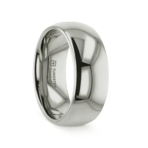 This classic white tungsten style from our White Tungsten Rings line is made especially for couples who love the durability of tungsten, yet want to have the same white color of platinum or white gold. White tungsten is made by bonding rhodium, a platinum group metal, to the surface of a tungsten ring. The result from this process is a white gold color, with the strength of tungsten. This unique bonding process embeds the rhodium into the surface of the rings, making it very durable. This is the perfect wedding band because it combines the best of both worlds. 2mm, 4mm, 6mm, 7mm, 8mm, 10mm & 12mm widths are available for men and women who want a matching set. Brand: Thorsten Metal Type: White Tungsten Color: Silver Finish: Polished Style: Domed Stones: None SKU: W630-DPWT