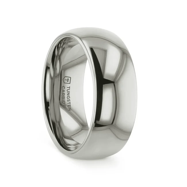 This classic white tungsten style from our White Tungsten Rings line is made especially for couples who love the durability of tungsten, yet want to have the same white color of platinum or white gold. White tungsten is made by bonding rhodium, a platinum group metal, to the surface of a tungsten ring. The result from this process is a white gold color, with the strength of tungsten. This unique bonding process embeds the rhodium into the surface of the rings, making it very durable. This is the perfect wedding band because it combines the best of both worlds. 2mm, 4mm, 6mm, 7mm, 8mm, 10mm & 12mm widths are available for men and women who want a matching set. Brand: Thorsten Metal Type: White Tungsten Color: Silver Finish: Polished Style: Domed Stones: None SKU: W630-DPWT