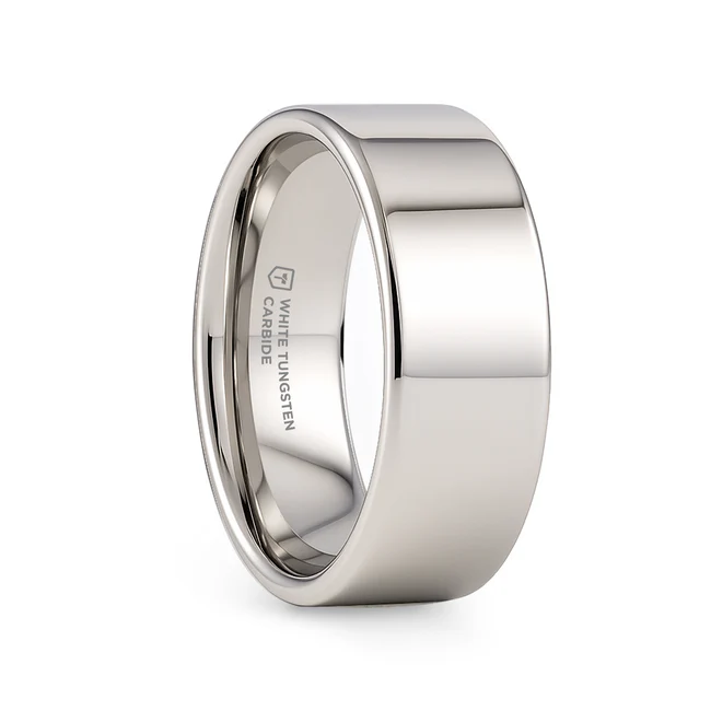 STOCKTON Flat White Tungsten Wedding Ring with Polished Finish - 2mm - 12mm This traditional white tungsten style from our White Tungsten Rings line is made primarily for those who love the enduring strength of tungsten and the light white color of platinum. This classy elegant band has a flat design with a highly polished mirror like finish and comes in 2mm, 4mm, 6mm, 7mm, 8mm, 10mm and 12mm wide for couples who which to have a matching set. White tungsten is made by embedding rhodium, a platinum group metal, into the surface of a tungsten band. The color is the same as platinum or white gold, which is whiter in color than normal tungsten, yet it retains the strength of tungsten. This unique bonding process makes the plating more scratch resistant than white gold wedding bands. This is the perfect wedding band because it combines the best of both worlds. Lifetime Sizing and Lifetime Warranty on all tungsten rings. Brand: Thorsten Metal Type: White Tungsten Color: Silver Finish: Polished Style: Flat Stones: None SKU: W631-FPWT