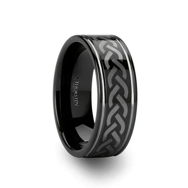 KILMORE Black Tungsten Ring with Laser Engraved Celtic Pattern - 8mm The precision laser engraved and entwined Celtic braid pattern is the centerpiece of this beautiful Black Tungsten Carbide wedding band design by Thorsten, perfect for those who wish to pay homage to their Celtic roots or anyone who admires Celtic artwork. Engraving available! See Pictures for Details. Does Not Delay Order. Includes Thorsten Lifetime and Lifetime Sizing Warranty (excluding re-engraving). Available in an 8mm width. Please note, Black Tungsten Carbide rings are scratch-resistant and very durable but can be scratched. Comfort Fit – domed interior band slides over the knuckle easier with less friction. While supplies last. Brand: Thorsten Metal Type: Black Tungsten Color: Black|Gray Finish: Polished Style: Celtic|Engraved|Flat|Grooved Stones: None SKU: W673-BLE2