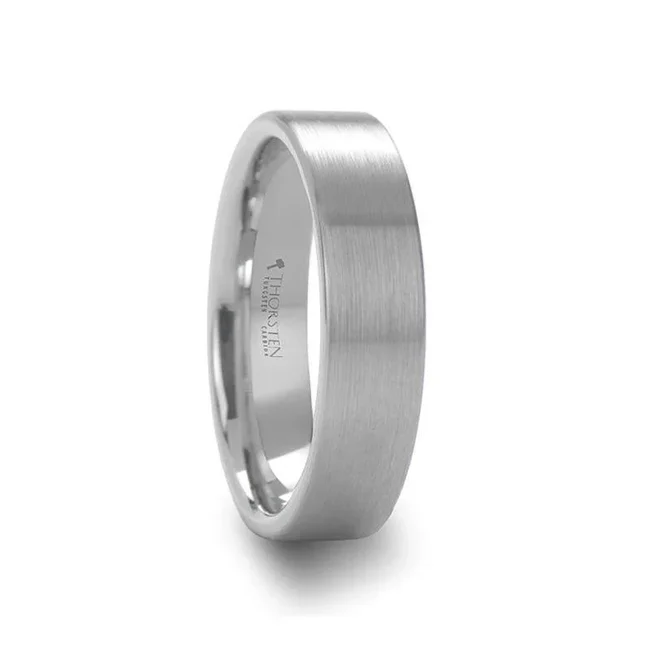 This precision crafted flat style brush finished white tungsten ring from our White Tungsten Rings line is made especially for couples who love the durability of tungsten and the bright white color of platinum. White tungsten is made by embedding rhodium, a platinum group metal, into the surface of a tungsten ring.  This style is available in 2mm, 4mm, 6mm and 8mm wide for couples who prefer matching rings. The color is very similar to platinum or white gold, which is whiter in color than normal tungsten. This unique bonding process makes the plating more scratch resistant than white gold rings and does not need to be re-plated frequently. This is the perfect wedding band because it combines the best of both worlds. Brand: Thorsten Metal Type: White Tungsten Color: Silver Finish: Brushed Style: Flat Stones: None SKU: W689-FBW