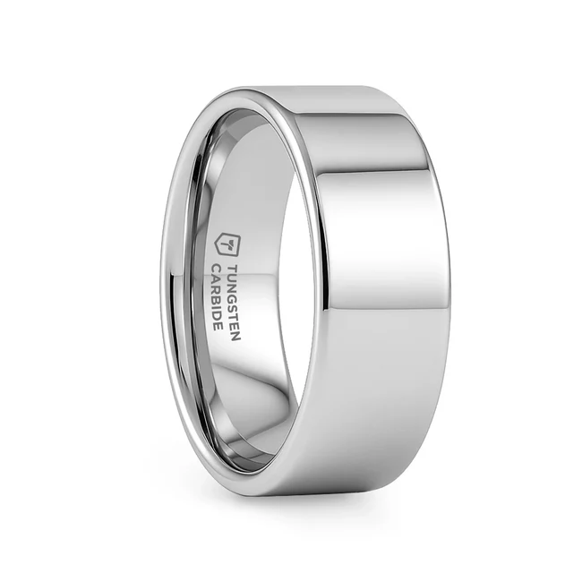 This clean and wide ring by Thorsten is made from high-grade Tungsten Carbide and has a finely polished finish. Can be worn as a wedding band or promise ring.  Engraving available! See Pictures for Details. Does Not Delay Order. Includes Thorsten Lifetime and Lifetime Sizing Warranty (excluding re-engraving). Available in 2mm, 4mm, 6mm, 7mm, 8mm, 10mm, and 12mm widths for couples who want a matching set. Tungsten Carbide—the newest and strongest metal for jewelry that does not scratch easily. Comfort Fit – domed interior band slides over the knuckle easier with less friction. Brand: Thorsten Metal Type: Tungsten Carbide Color: Silver Finish: Polished Style: Flat Stones: None SKU: W858-FPB