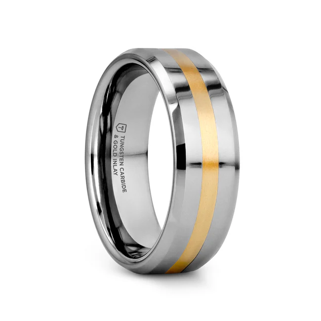 LEGIONAIRE Gold Inlaid Beveled Tungsten Ring - 6mm and 8mm This stunning two-tone Tungsten Carbide wedding band design by Thorsten features beveled edges, and a polished finish. It combines the beautiful gray color of tungsten with a 2mm wide inlay of rich solid 14 karat Yellow Gold. Engraving available! Includes Thorsten Lifetime and Lifetime Sizing Warranty (excluding re-engraving). Available in 6mm and 8mm widths. Perfect for couples who want a matching set! Tungsten Carbide—the newest and strongest metal for jewelry that does not scratch easily. Note that the inlay can be scratched. Comfort Fit – domed interior band slides over the knuckle easier with less friction. Brand: Thorsten Metal Type: Tungsten Carbide Color: Gold|Silver Finish: Polished Style: Flat|Precious Metal Inlay Stones: None SKU: W872-BGIB