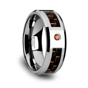 NOAH Tungsten Ring with Black and Orange Carbon Fiber and Orange Padparadscha Setting - 8mm This awesome vibrantly orange themed style from our tungsten wedding bands line incorporates the use of a Orange Padparadscha setting. This comfort fit wedding band has a flat style design with polished beveled edges. The ring is made from one piece of tungsten by cutting a channel almost all the way around the ring, leaving only the part with the 2.5 mm wide round Orange Padparadscha setting. Orange and black carbon fiber is inlaid into the channel to match the orange stone. We are proud to present our designer Tungsten Carbide Ring line by Thorsten. Tungsten Carbide is extremely scratch resistant and are a great choice for those who want jewelry to be both maintenance free and worry free. Re-sizing and Warranty on all Thorsten alternative metal rings, no exchange or sizing fees, compared to other retailers. Brand: Thorsten Metal Type: Tungsten Carbide Color: Black|Orange|Silver Finish: Polished Style: Beveled|Carbon Fiber Inlay|Flat|Gemstones Stones: Padparadscha SKU: W905-TCOC