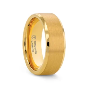 Gold is a traditional color when it comes to wedding bands and the HONOR gold tungsten rings beautifully combines the classic hue with the durability and scratch resistance of tungsten. If you're looking for unique wedding bands for men, this regal ring is the way to go. The beveled edges and inside are polished to create classic shine, and the center is subtly brushed for visual variance. Best of all, HONOR gives you the appearance of a traditional gold ring with the affordable price that comes with a band made of the earth's toughest material. Includes Thorsten Lifetime and Lifetime Sizing Warranty (excluding re-engraving). Tungsten Carbide is the newest and strongest metal for jewelry that does not scratch easily. Comfort Fit – domed interior band slides over the knuckle easier with less friction. Metal Type: Tungsten Carbide Color: Gold Finish: Brushed Style: Beveled Stones: None SKU: W5968-GPTR